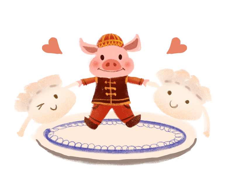 春节手绘卡通可爱猪与饺子手拉手快乐玩耍庆祝