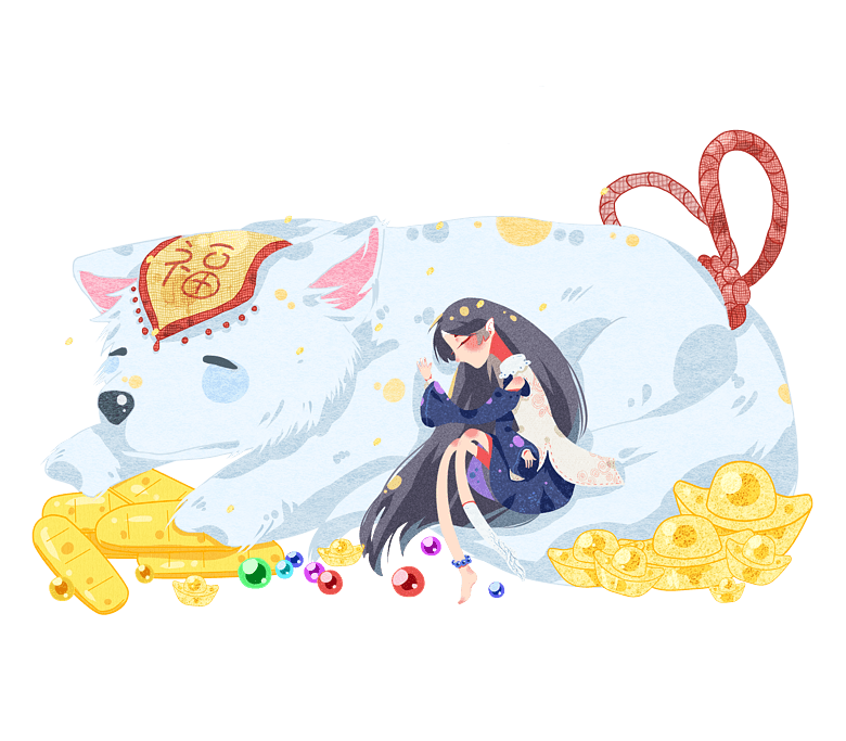 招财福犬与睡觉的小女孩模板免费下载_psd格