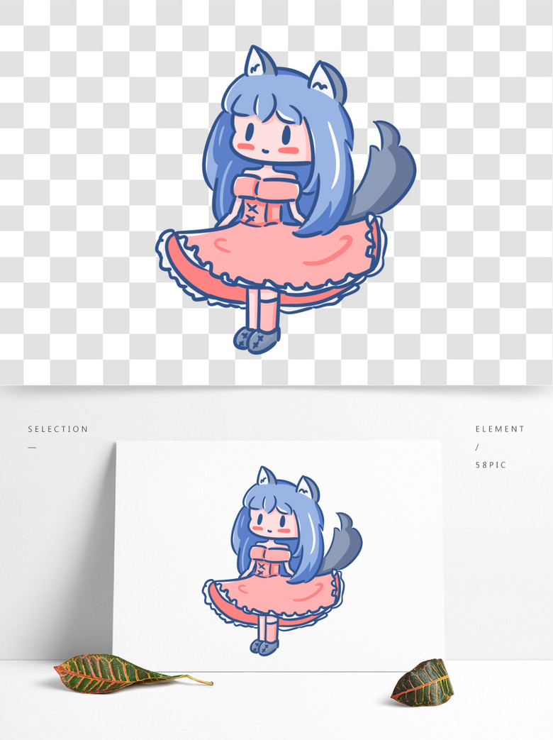 童话风可爱卡通手绘小狼女公主裙猫耳猫尾巴模