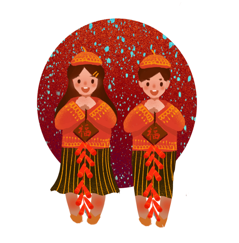 春节新年卡通手绘可爱男女童作揖鞭炮福字快乐