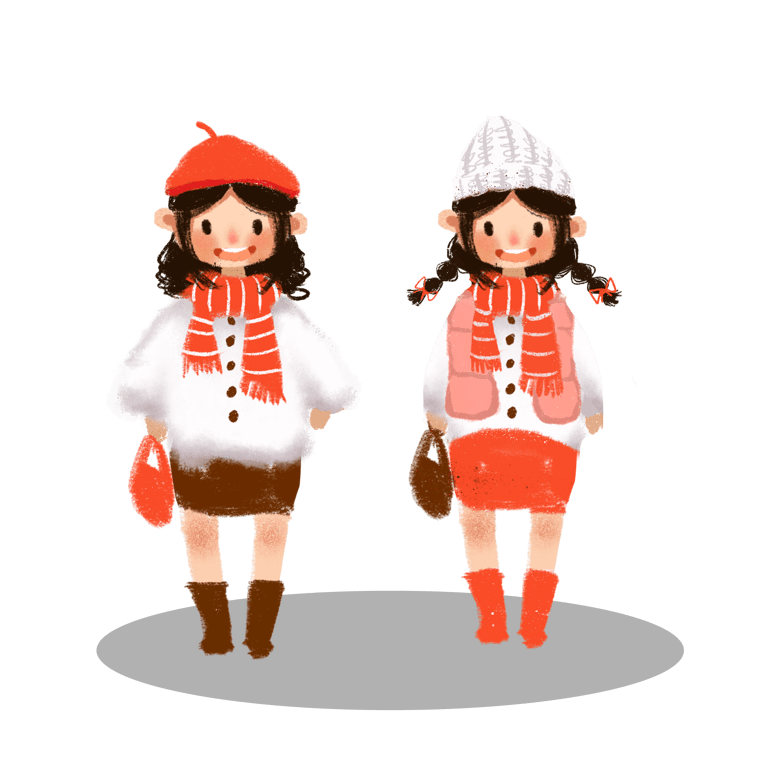 新年卡通手绘可爱红围巾女孩冬天闺蜜快乐休闲