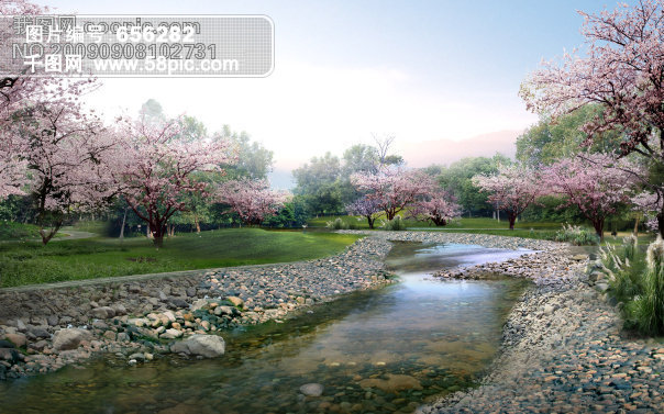 野外小溪流水花红景观设计效果图图片素材免费