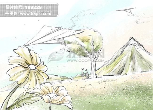 素材库 背景 淡彩 色调 意境 绘画 风格 纸飞机 花