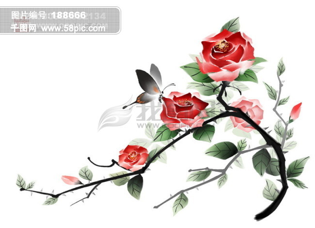 hanmaker韩国设计素材库 背景 水墨 绘画 风格 牡丹 蝴蝶 花