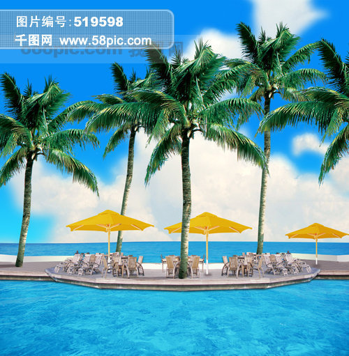 海滨 大海 蓝天 白云 椰子树72DPI矢量图免费下