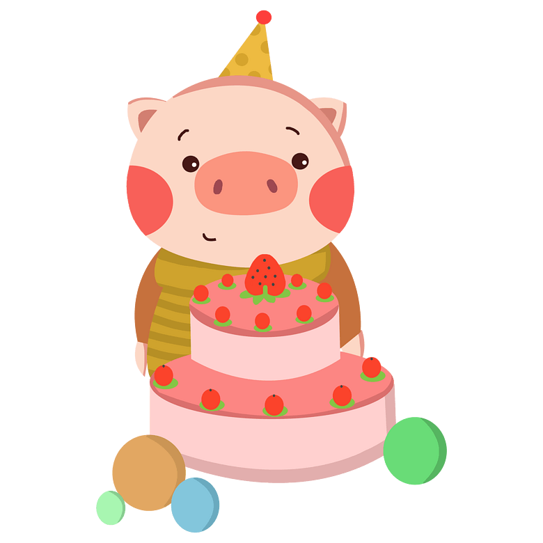 卡通手绘猪年可爱呆萌小猪吃蛋糕过生日小猪